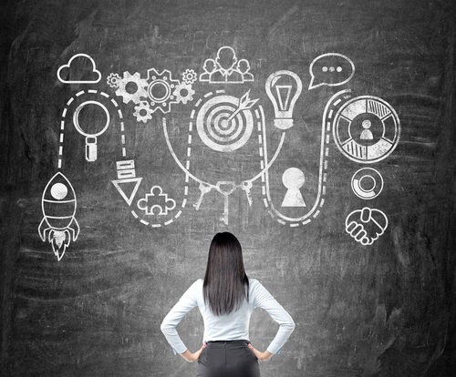 Woman looking at blackboard